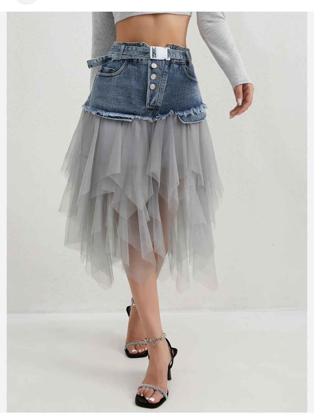Denim & Grey Tulle Layered Midi Skirt